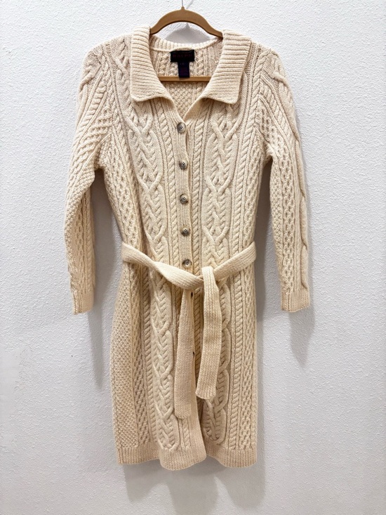 Ralph Lauren Sweaters - Ralph Lauren Exclusive Cable Knit Belted Long Cream Wool Cardigan Size Medium